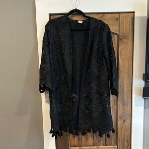Chico’s Black Embroidered Kimono with Tassels
